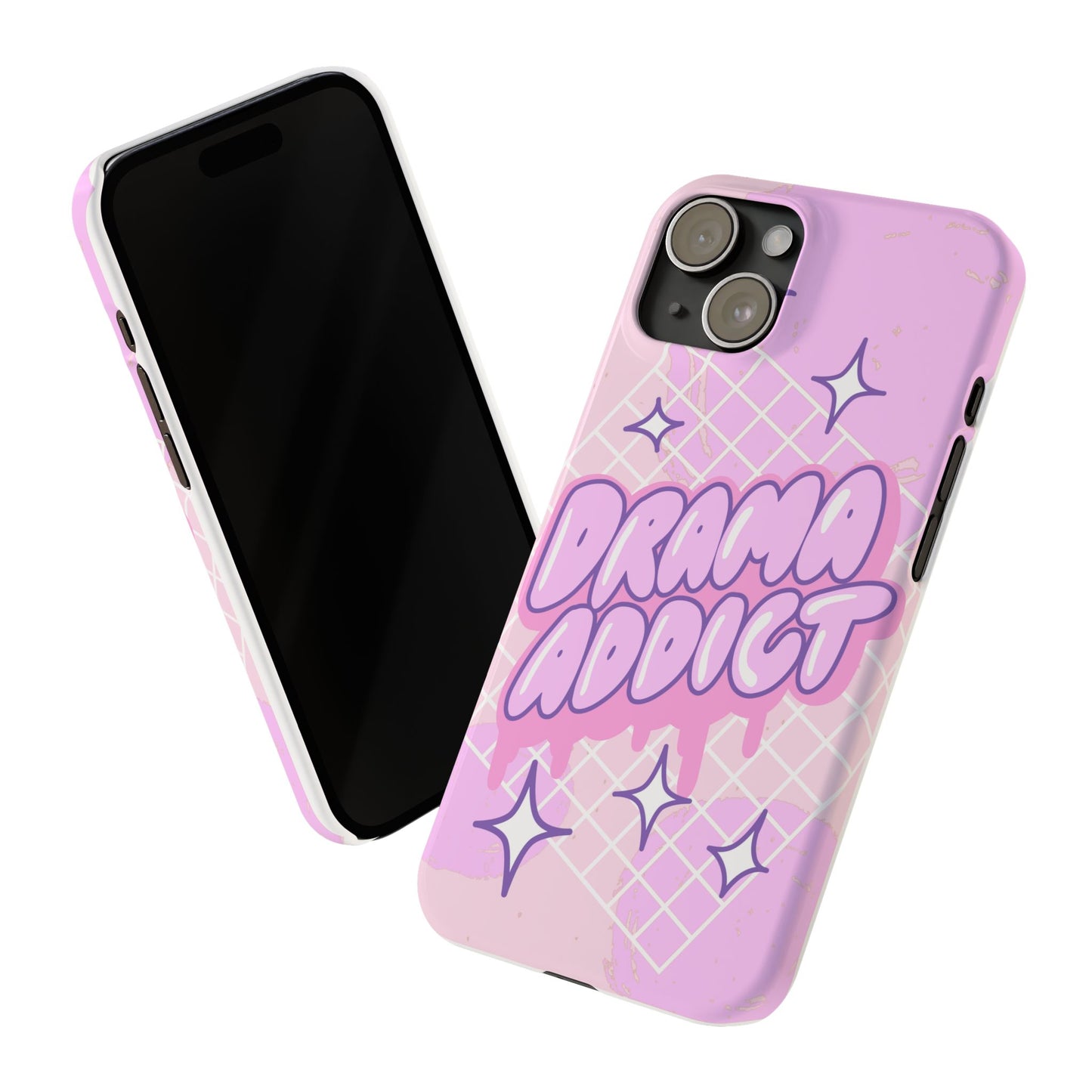 Pink iPhone Case with Modern "Drama addict" Design and Stars, Compatible with iPhone 16 Pro Max, 14, 13 and 15. Wireless charging support