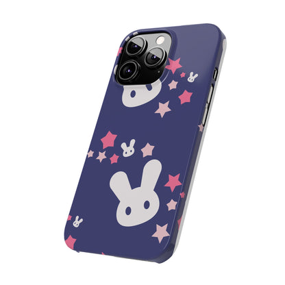 Blue iPhone case w. adorable bunnies with stars background : Ideal for Kids and Rabbit Lovers. Iphone 15, iphone 14 and iphone 13 pro max