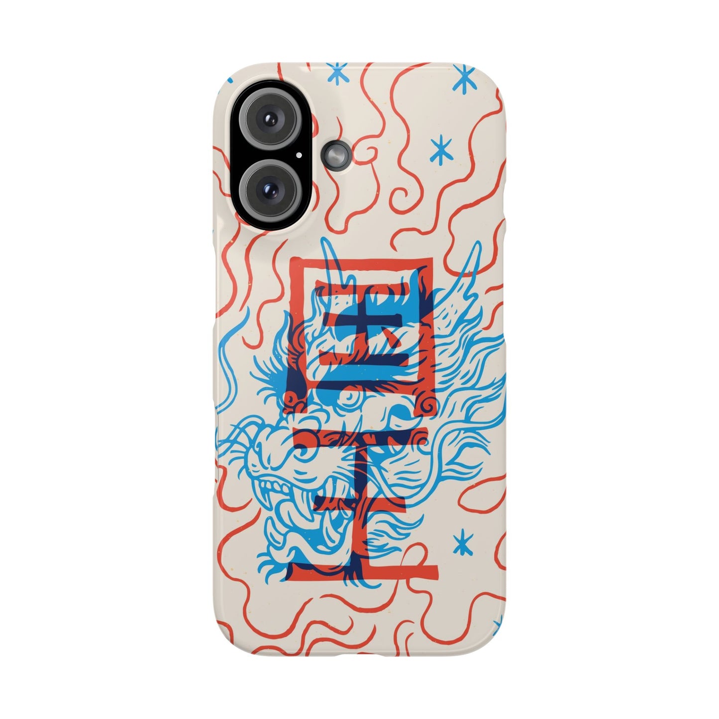 Geek case with dragon design and Asian art duotone style