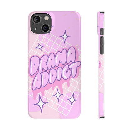 Pink iPhone Case with Modern "Drama addict" Design and Stars, Compatible with iPhone 16 Pro Max, 14, 13 and 15. Wireless charging support