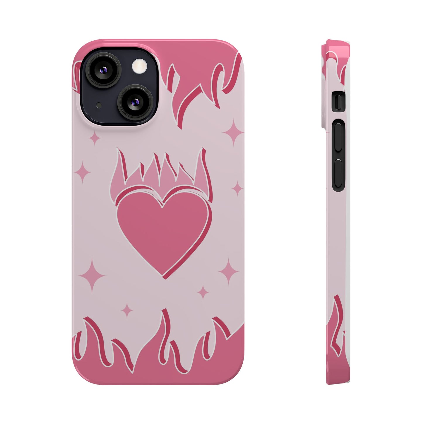 Pink iPhone 15 Case with Heart on Fire - Modern and Feminine Design - For iphone 13, iphone 14 and iphone 15 pro and max