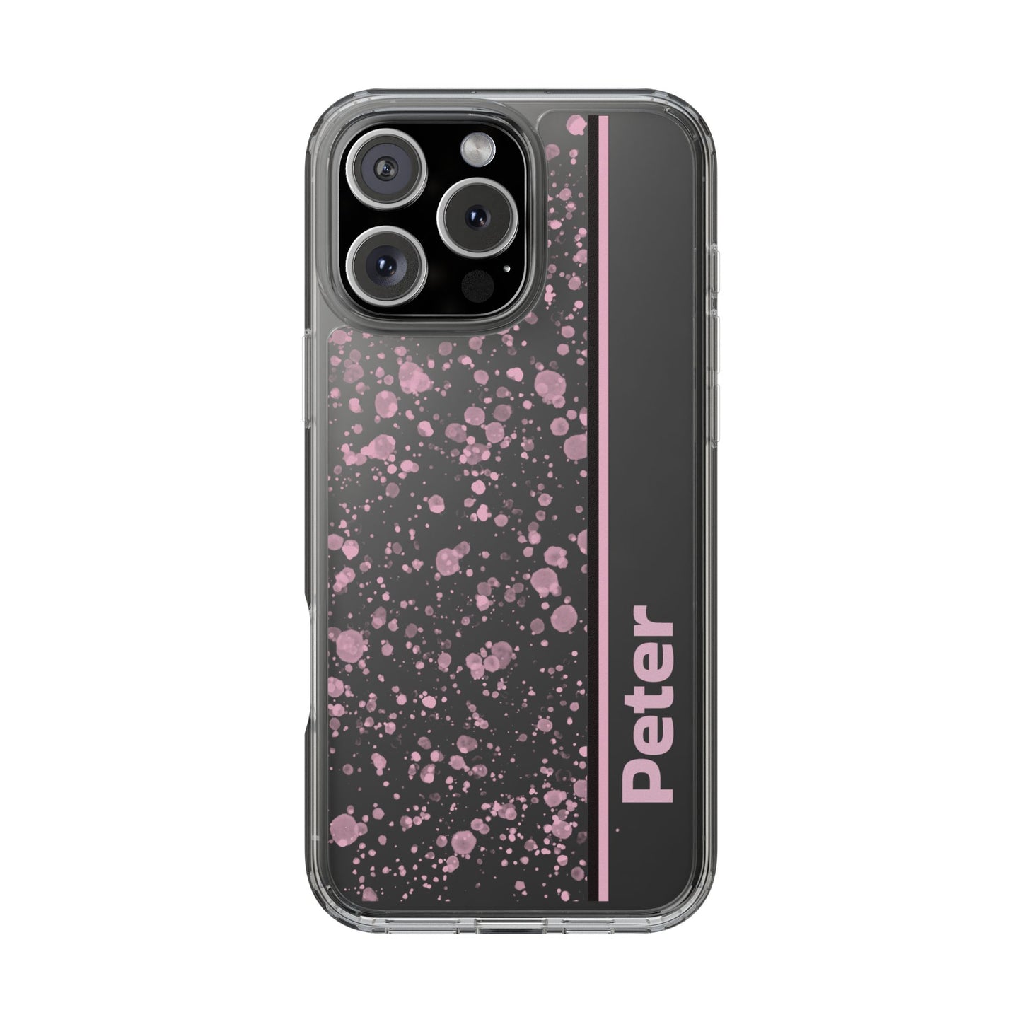 Personalized Clear Phone Case with Pink Splatter Design