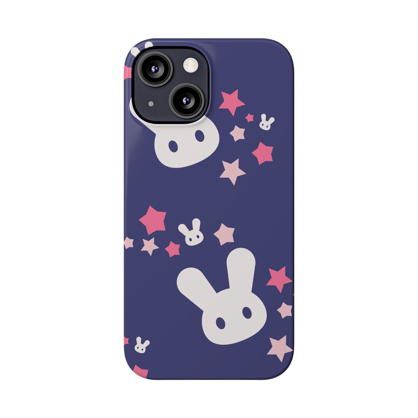 Blue iPhone case w. adorable bunnies with stars background
