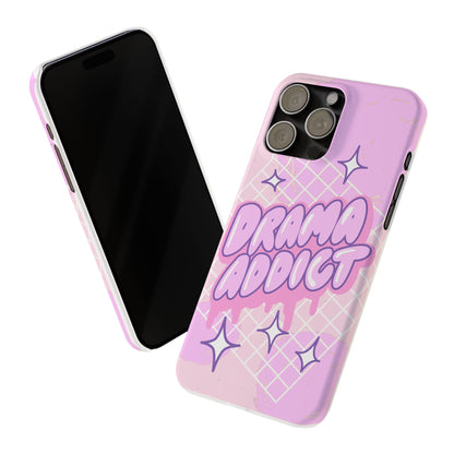 Pink iPhone Case with Modern "Drama addict" Design and Stars, Compatible with iPhone 16 Pro Max, 14, 13 and 15. Wireless charging support