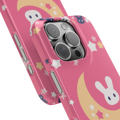 Pink iPhone case with adorable bunnies with moon - ideal for kids and bunny lovers. Iphone 15 case, iphone 14 and iphone 13 pro max mini