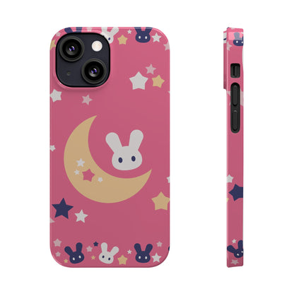 Pink iPhone case with adorable bunnies with moon - ideal for kids and bunny lovers. Iphone 15 case, iphone 14 and iphone 13 pro max mini