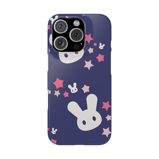 Blue iPhone case w. adorable bunnies with stars background