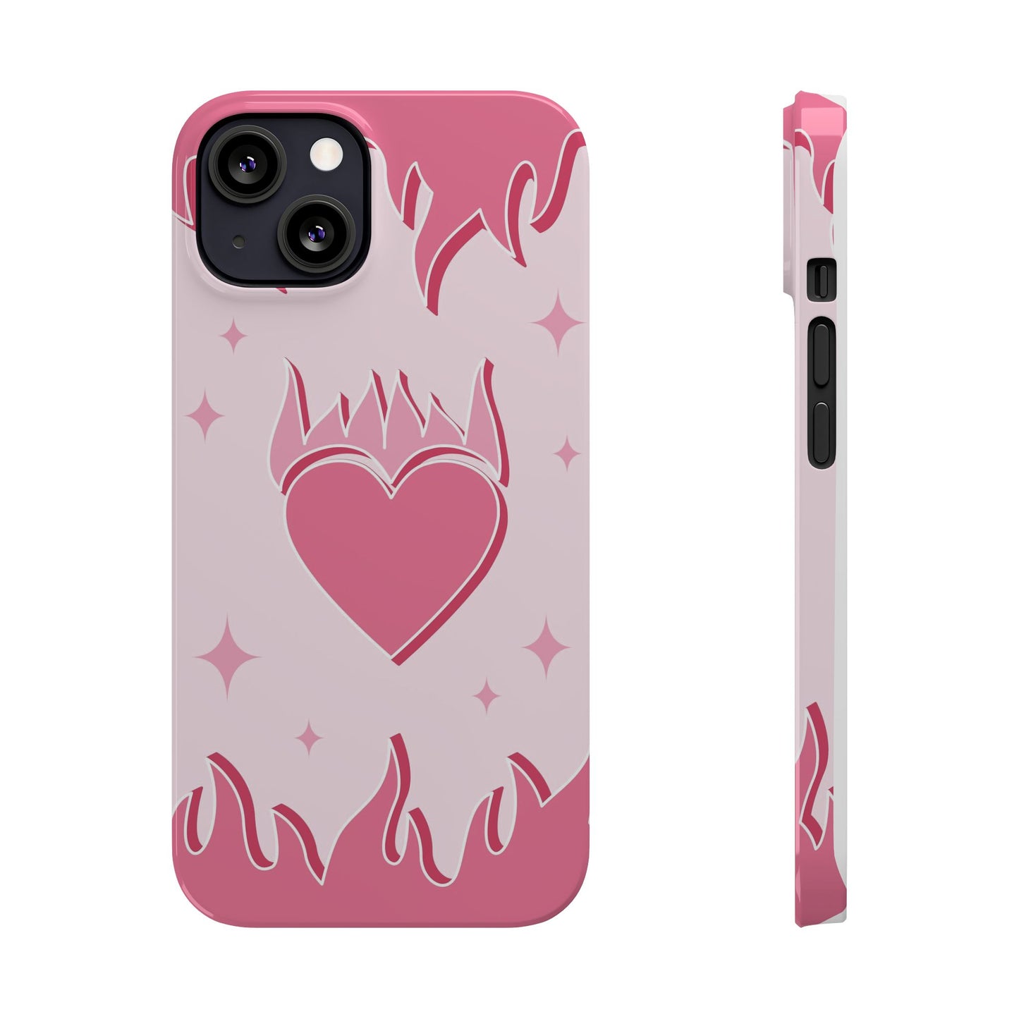 Pink iPhone 15 Case with Heart on Fire - Modern and Feminine Design - For iphone 13, iphone 14 and iphone 15 pro and max