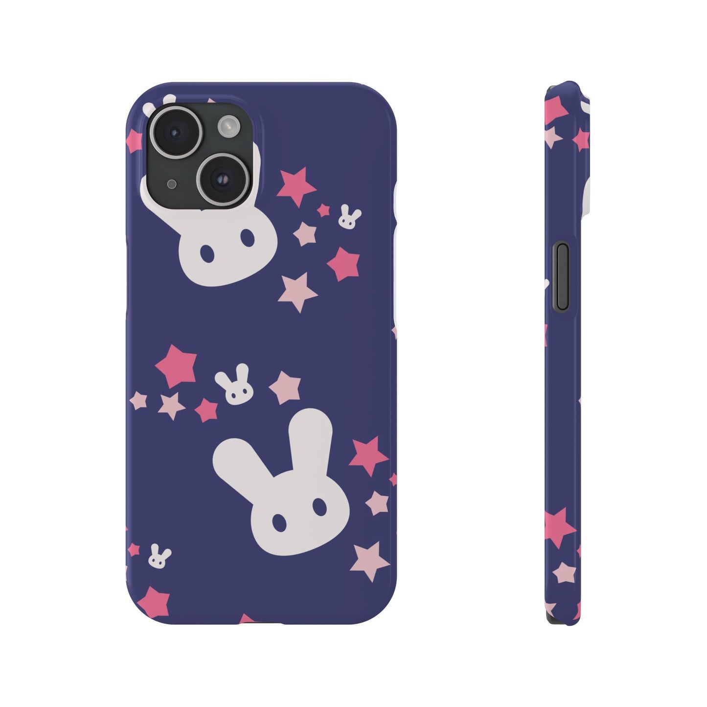 Blue iPhone case w. adorable bunnies with stars background