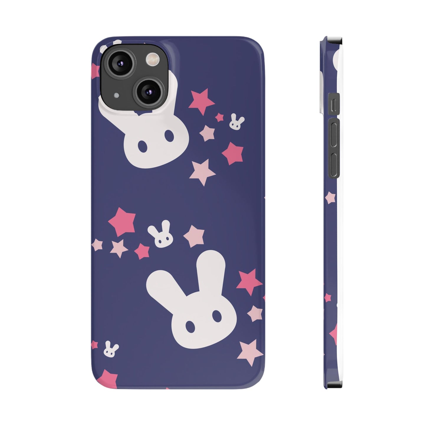 Blue iPhone case w. adorable bunnies with stars background