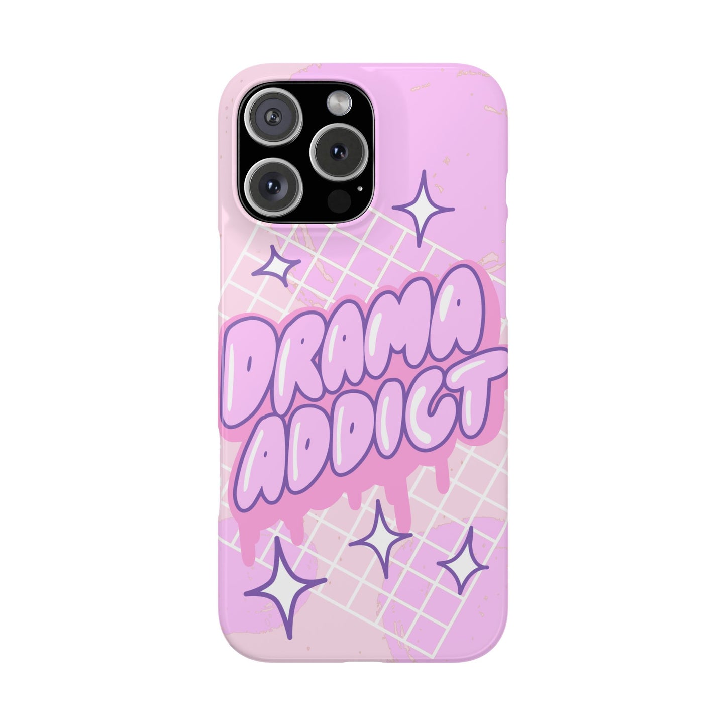 Pink iPhone Case with Modern "Drama addict" Design and Stars, Compatible with iPhone 16 Pro Max, 14, 13 and 15. Wireless charging support