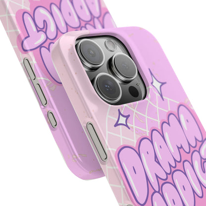 Pink iPhone Case with Modern "Drama addict" Design and Stars, Compatible with iPhone 16 Pro Max, 14, 13 and 15. Wireless charging support