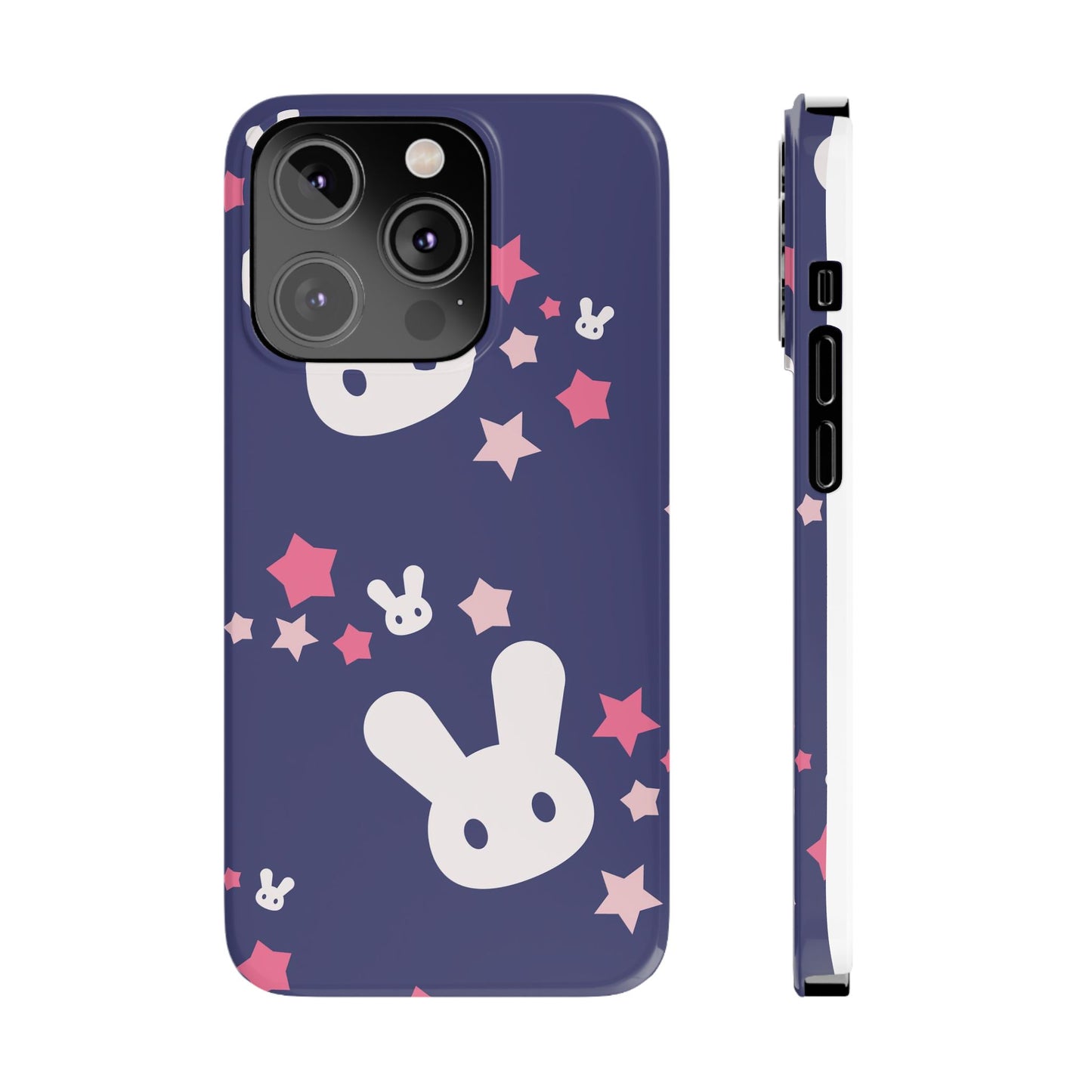 Blue iPhone case w. adorable bunnies with stars background