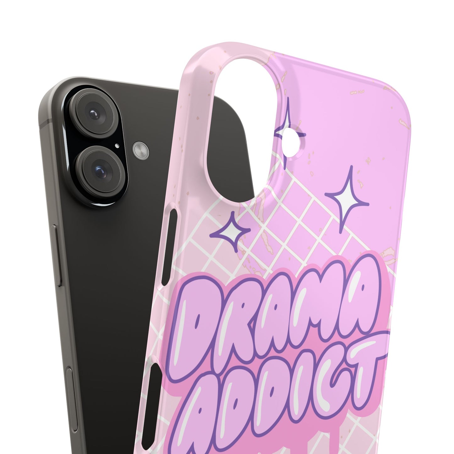 Pink iPhone Case with Modern "Drama addict" Design and Stars, Compatible with iPhone 16 Pro Max, 14, 13 and 15. Wireless charging support