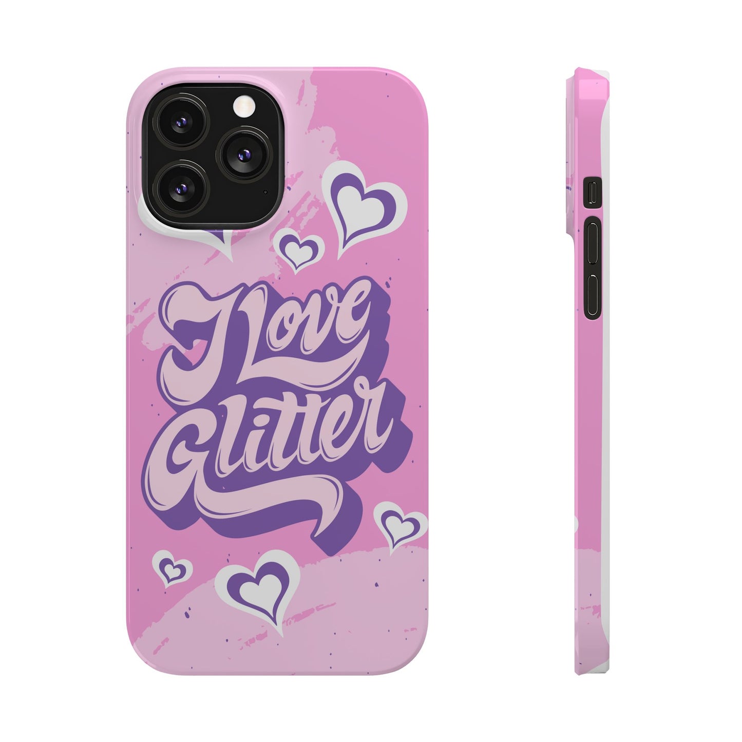 Pink iPhone 16 Case with Modern "i love glitter" Design and hearts | Compatible with iPhone 16 Pro/Max, iphone 14, and iphone 13