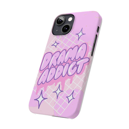 Pink iPhone Case with Modern "Drama addict" Design and Stars, Compatible with iPhone 16 Pro Max, 14, 13 and 15. Wireless charging support