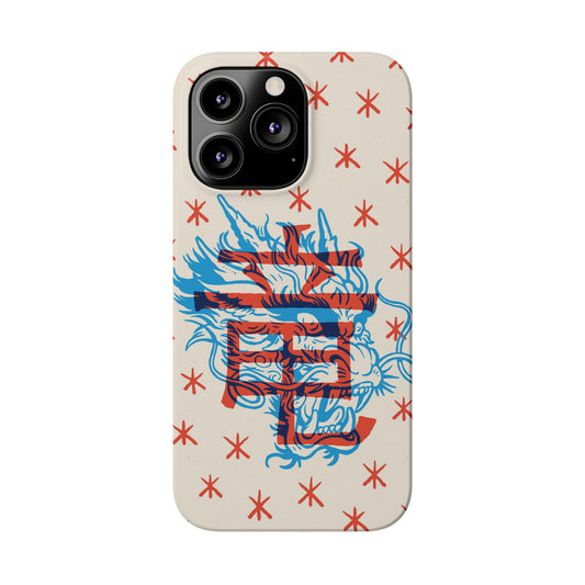 Geek iPhone case with dragon design and Asian art duotone style.
