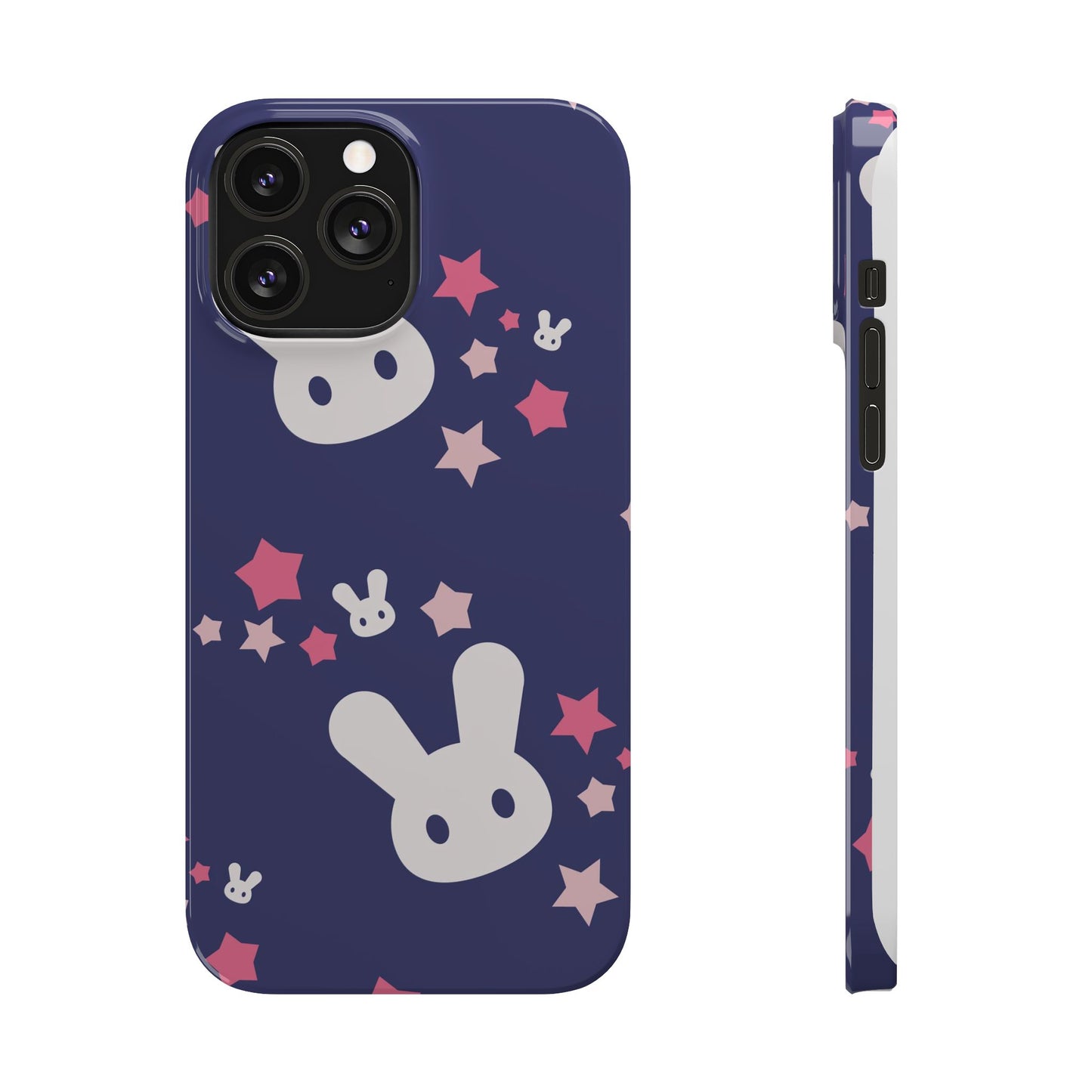 Blue iPhone case w. adorable bunnies with stars background : Ideal for Kids and Rabbit Lovers. Iphone 15, iphone 14 and iphone 13 pro max