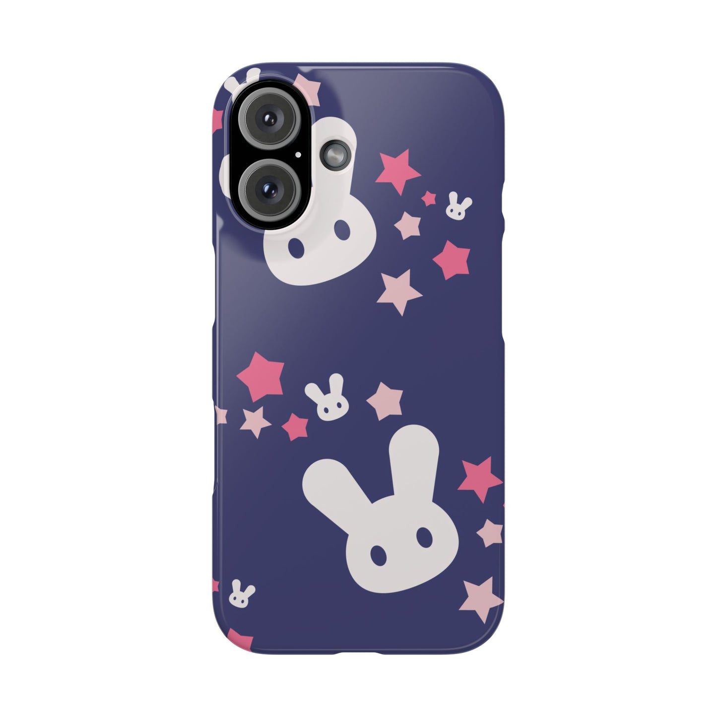 Blue iPhone case w. adorable bunnies with stars background