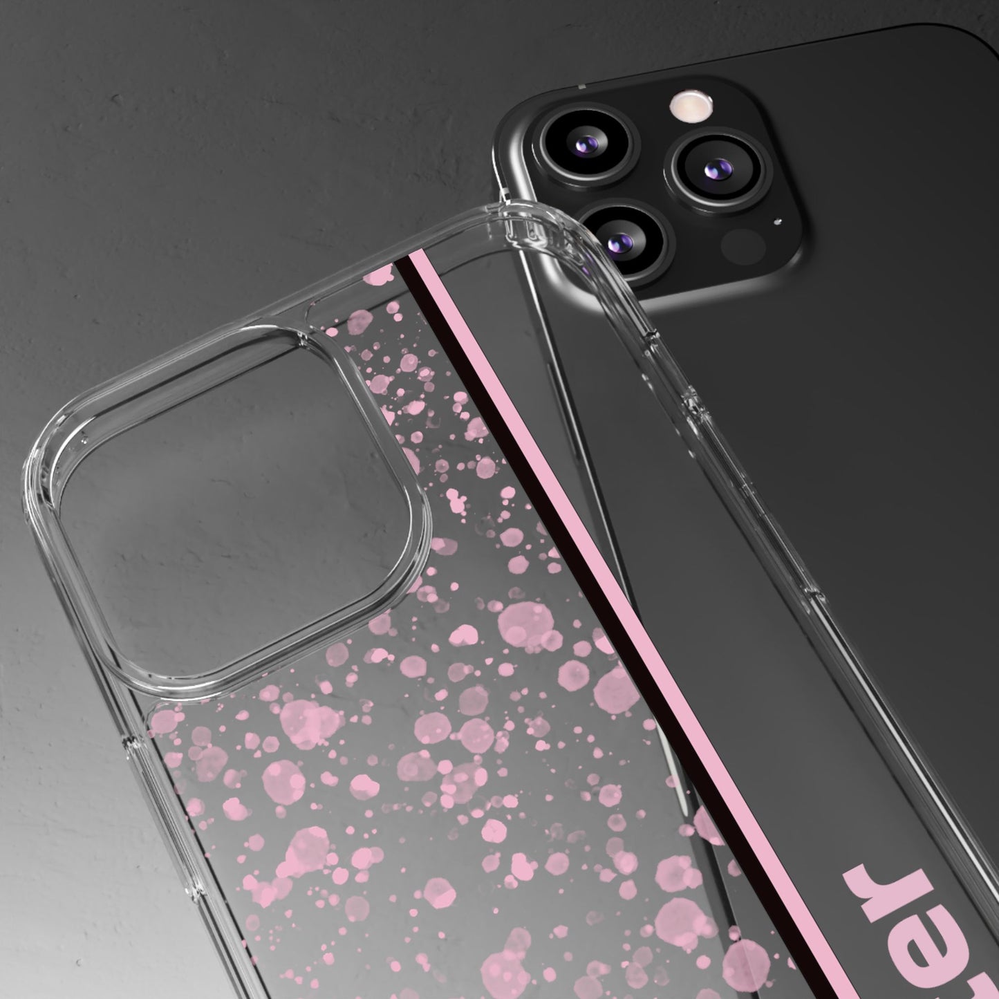 Personalized Clear Phone Case with Pink Splatter Design
