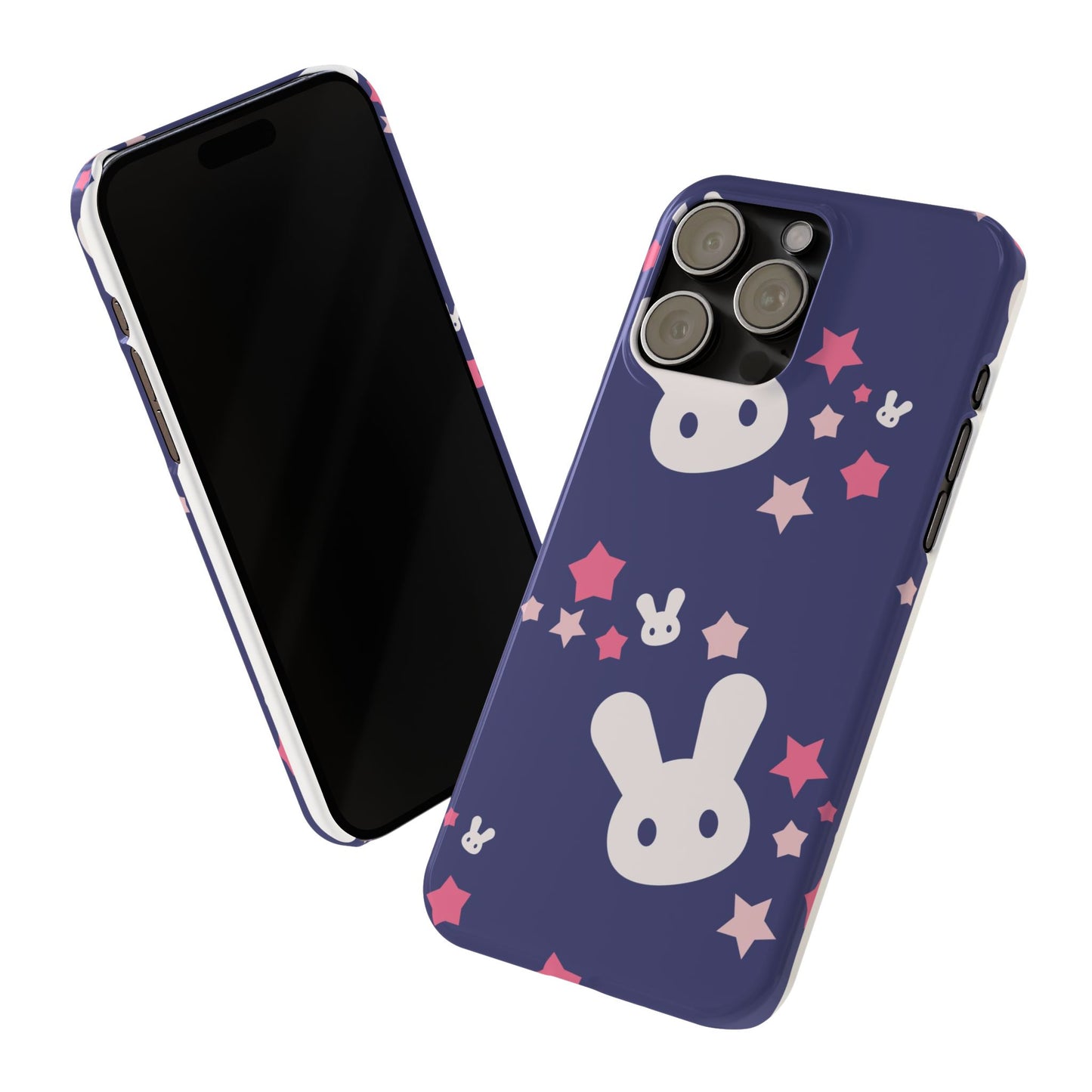 Blue iPhone case w. adorable bunnies with stars background : Ideal for Kids and Rabbit Lovers. Iphone 15, iphone 14 and iphone 13 pro max