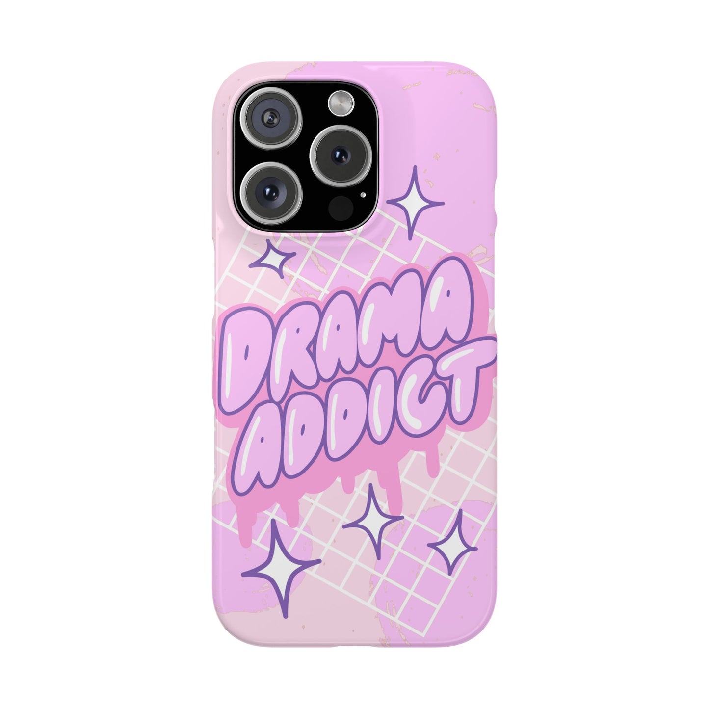 Pink iPhone Case with Modern "Drama addict" Design and Stars, Compatible with iPhone 16 Pro Max, 14, 13 and 15. Wireless charging support