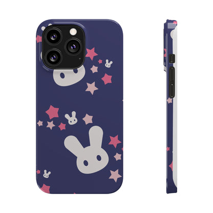 Blue iPhone case w. adorable bunnies with stars background : Ideal for Kids and Rabbit Lovers. Iphone 15, iphone 14 and iphone 13 pro max