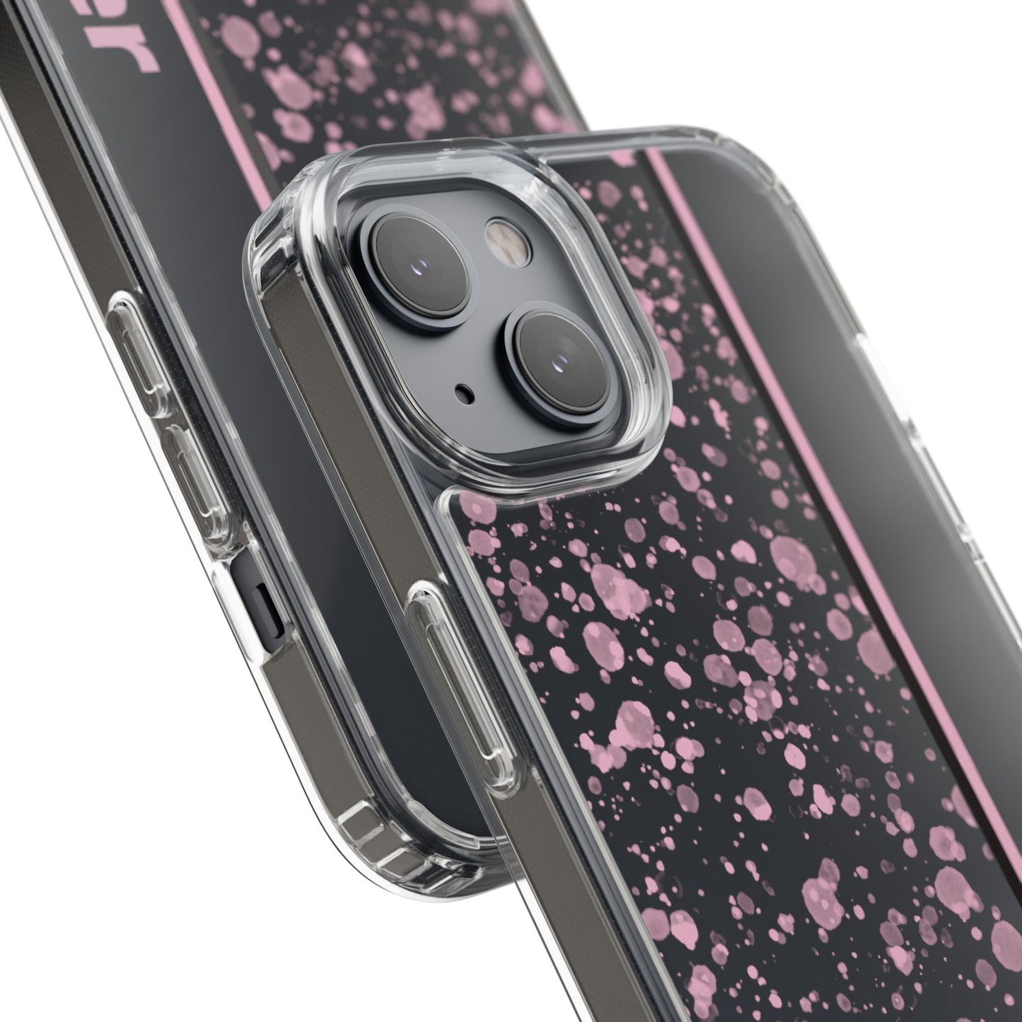 Personalized Clear Phone Case with Pink Splatter Design