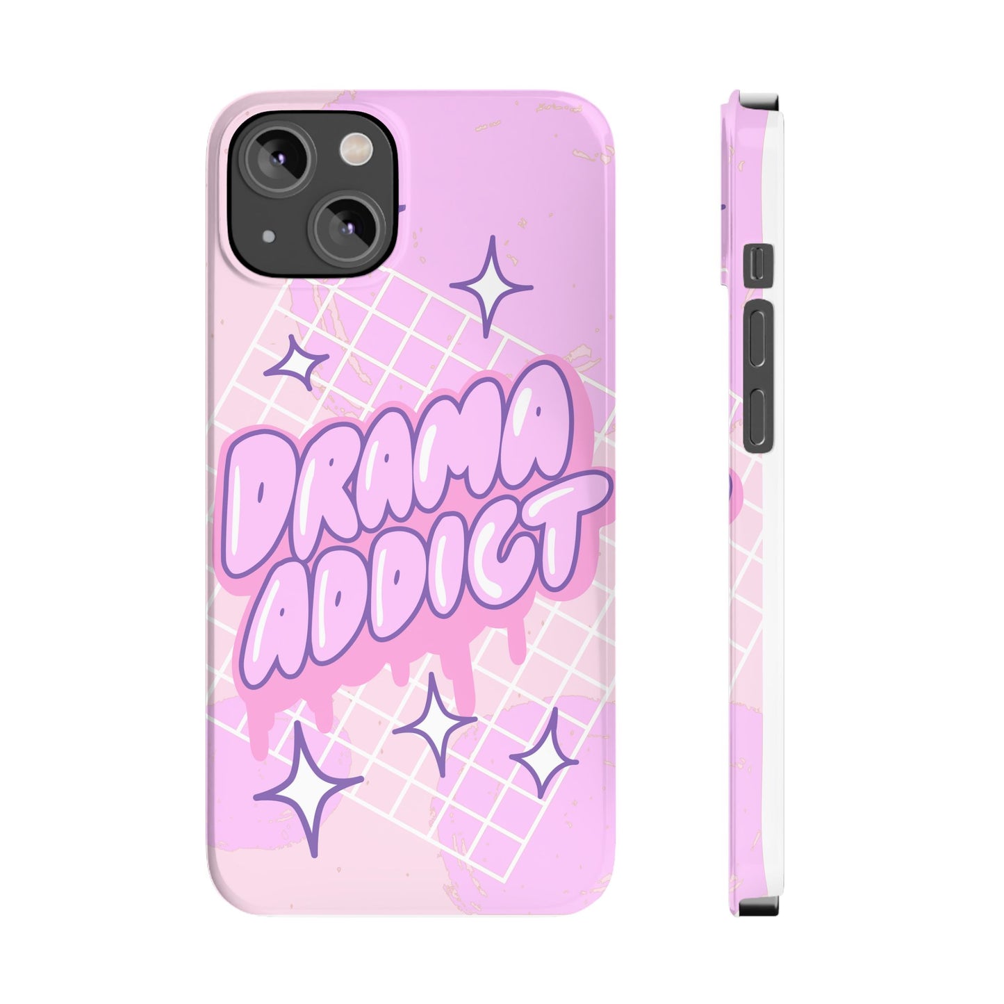 Pink iPhone Case with Modern "Drama addict" Design and Stars, Compatible with iPhone 16 Pro Max, 14, 13 and 15. Wireless charging support