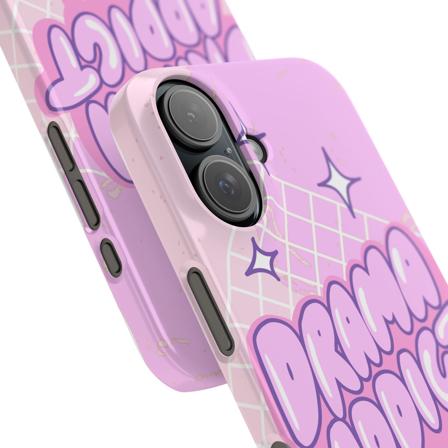 Pink iPhone Case with Modern "Drama addict" Design and Stars, Compatible with iPhone 16 Pro Max, 14, 13 and 15. Wireless charging support