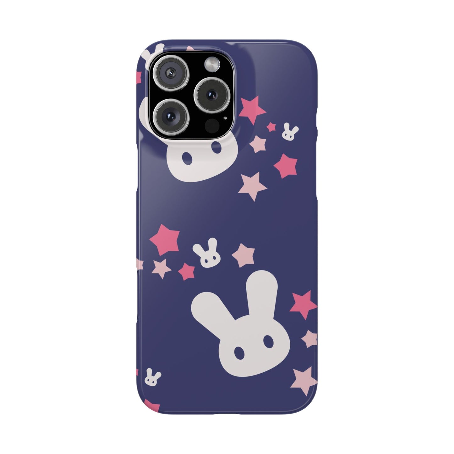 Blue iPhone case w. adorable bunnies with stars background