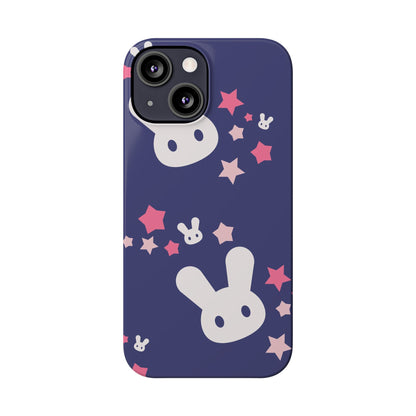 Blue iPhone case w. adorable bunnies with stars background : Ideal for Kids and Rabbit Lovers. Iphone 15, iphone 14 and iphone 13 pro max