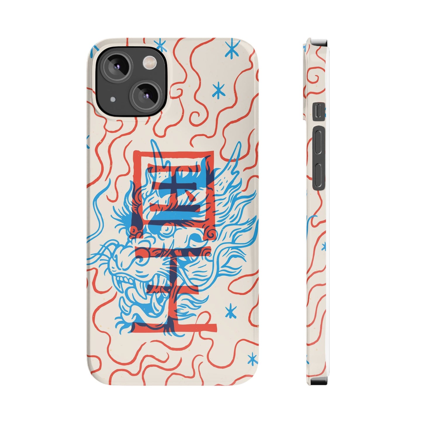 Geek iPhone case with dragon design and Asian art duotone style. Iphone 15 case, iphone 14 and iphone 13 pro and max