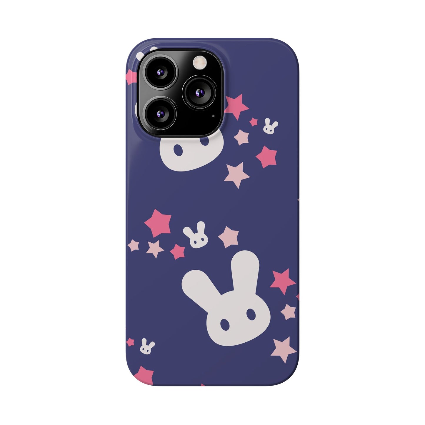 Blue iPhone case w. adorable bunnies with stars background