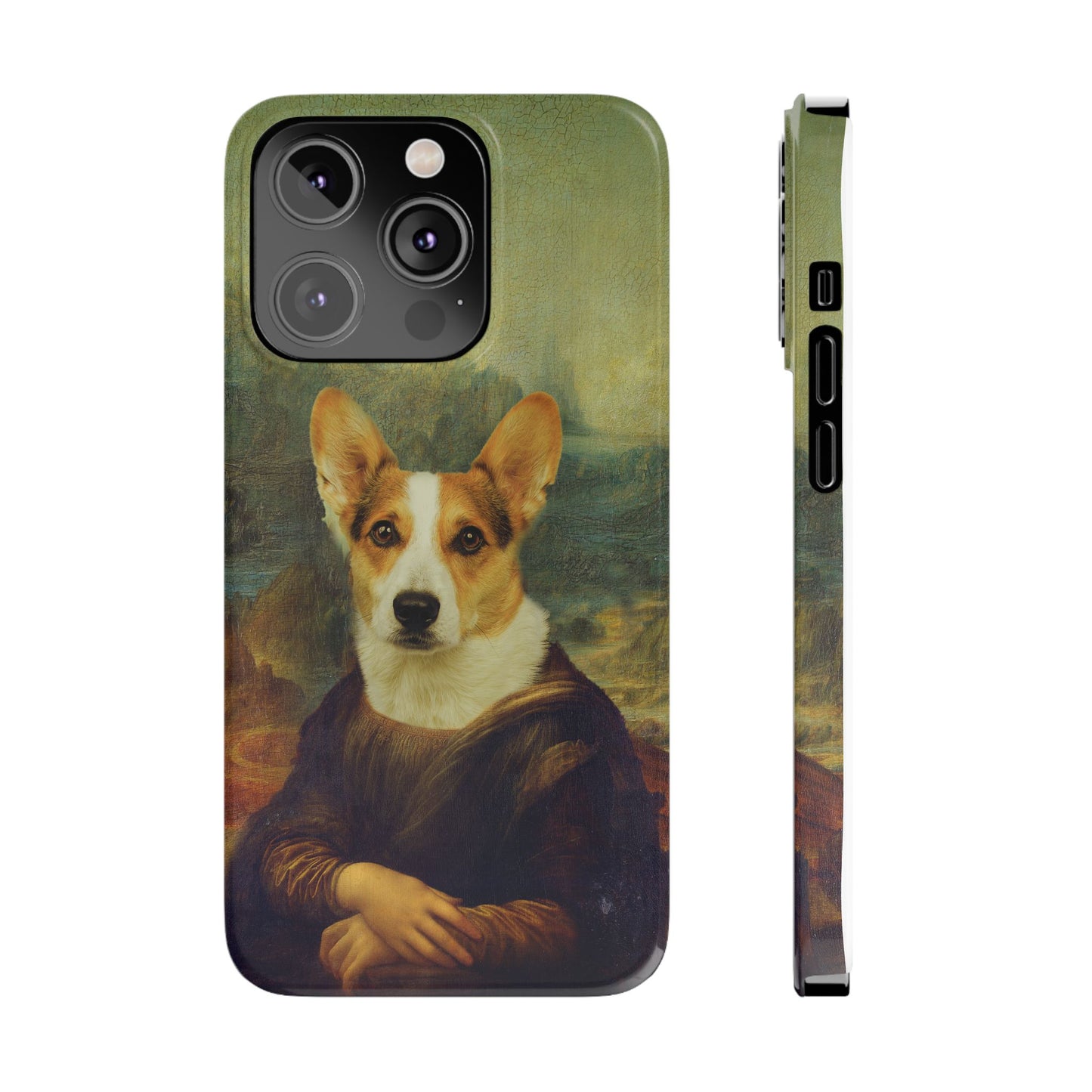 Puppy iPhone Case, Mona Lisa Parody, Wireless Charging - iPhone 16, 15, 14, 13 Pro/Max