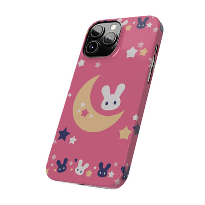 Pink iPhone case with adorable bunnies with moon - ideal for kids and bunny lovers. Iphone 15 case, iphone 14 and iphone 13 pro max mini