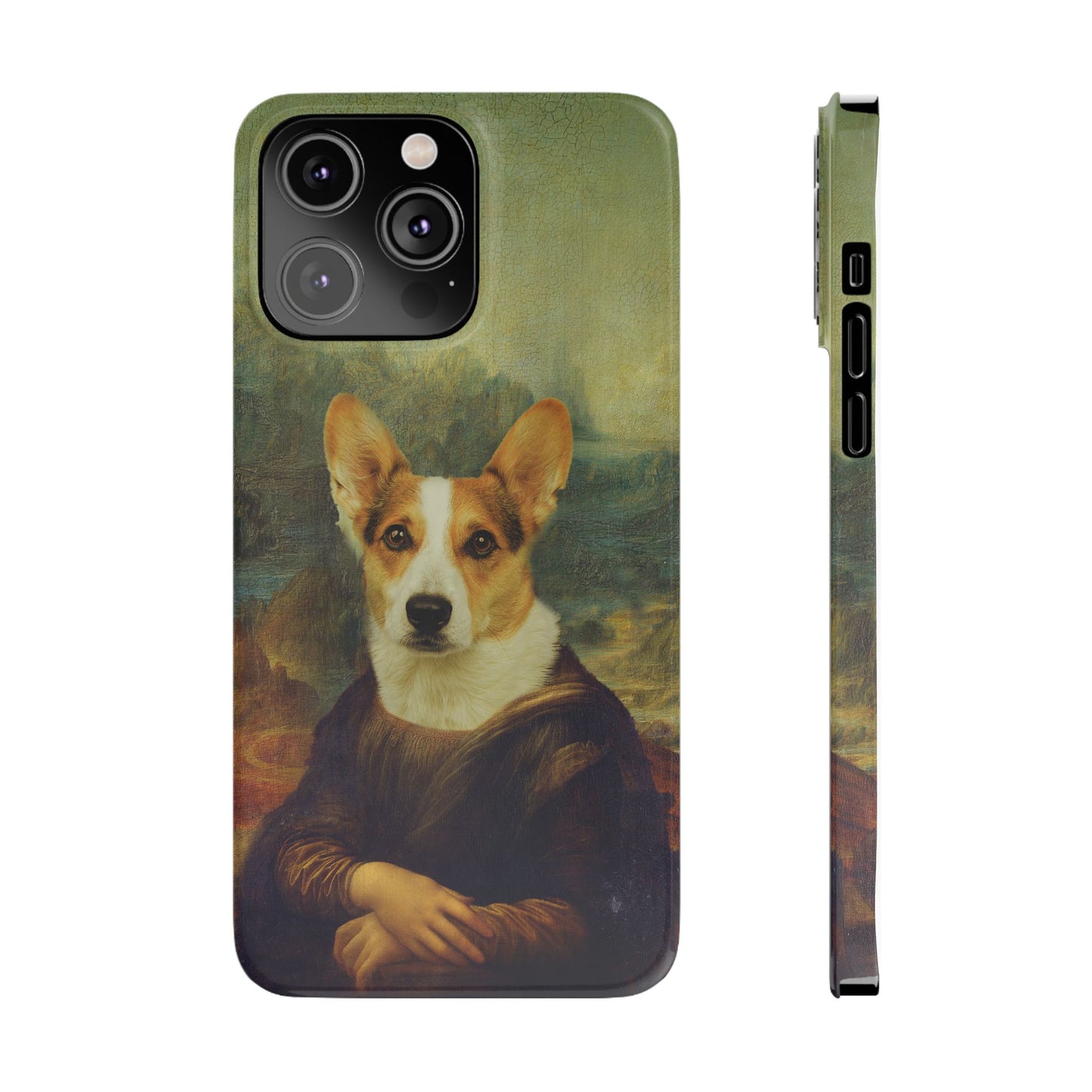 Puppy iPhone Case, Mona Lisa Parody, Wireless Charging - iPhone 16, 15, 14, 13 Pro/Max