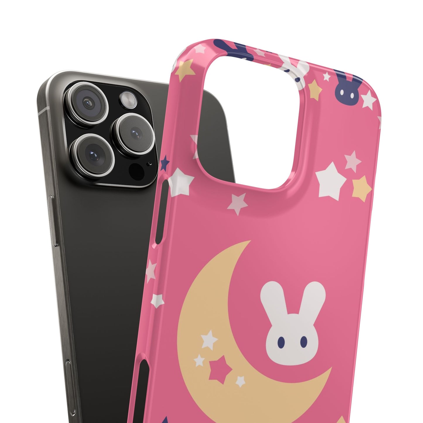 Pink iPhone case with adorable bunnies with moon - ideal for kids and bunny lovers. Iphone 15 case, iphone 14 and iphone 13 pro max mini