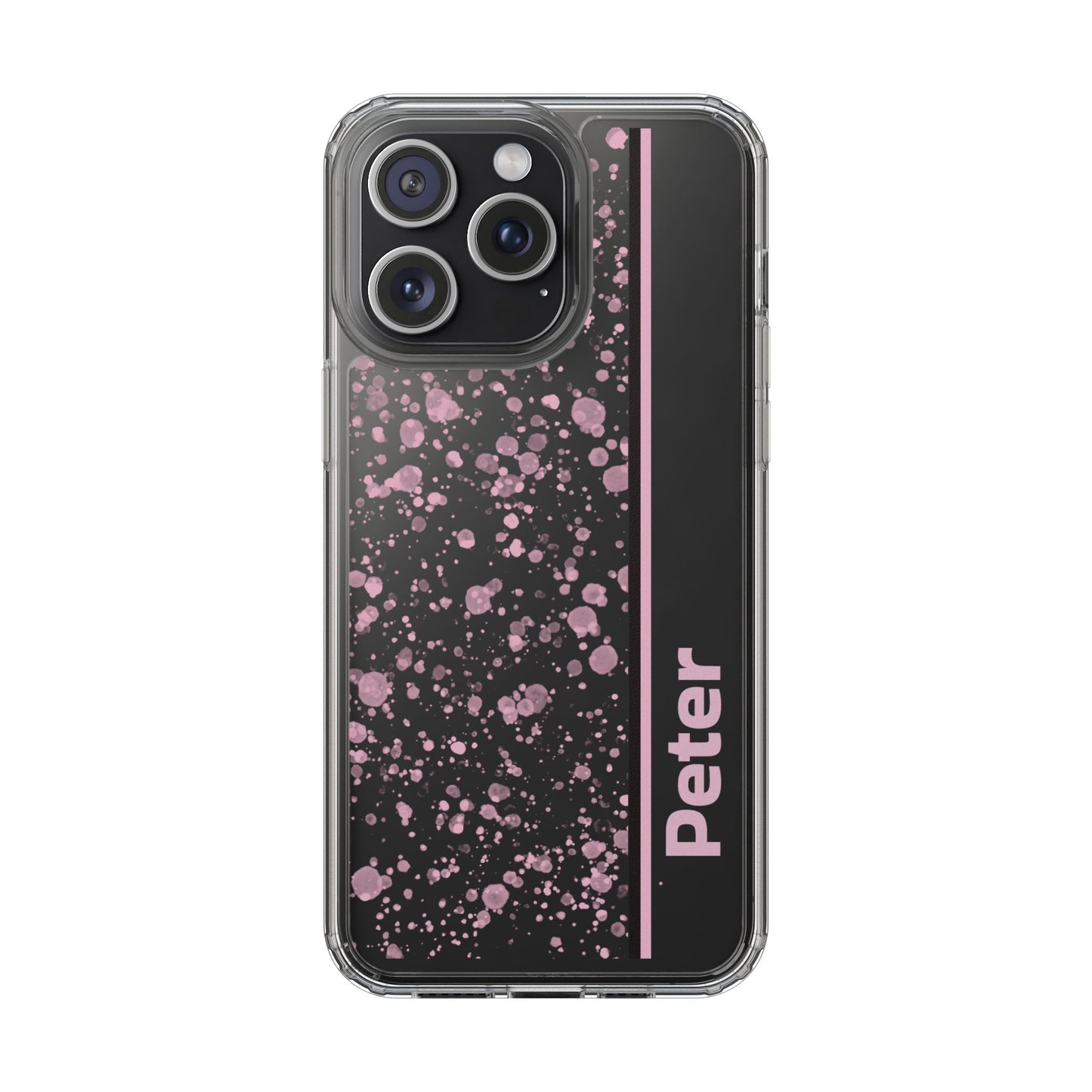 Personalized Clear Phone Case with Pink Splatter Design