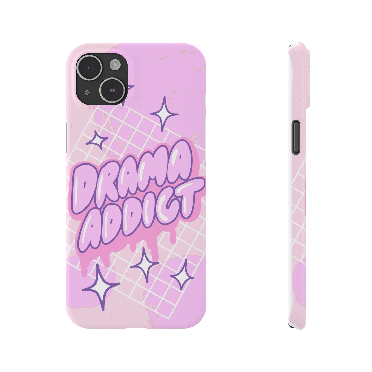 Pink iPhone Case with Modern "Drama addict" Design and Stars, Compatible with iPhone 16 Pro Max, 14, 13 and 15. Wireless charging support