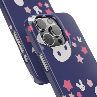 Blue iPhone case w. adorable bunnies with stars background : Ideal for Kids and Rabbit Lovers. Iphone 15, iphone 14 and iphone 13 pro max