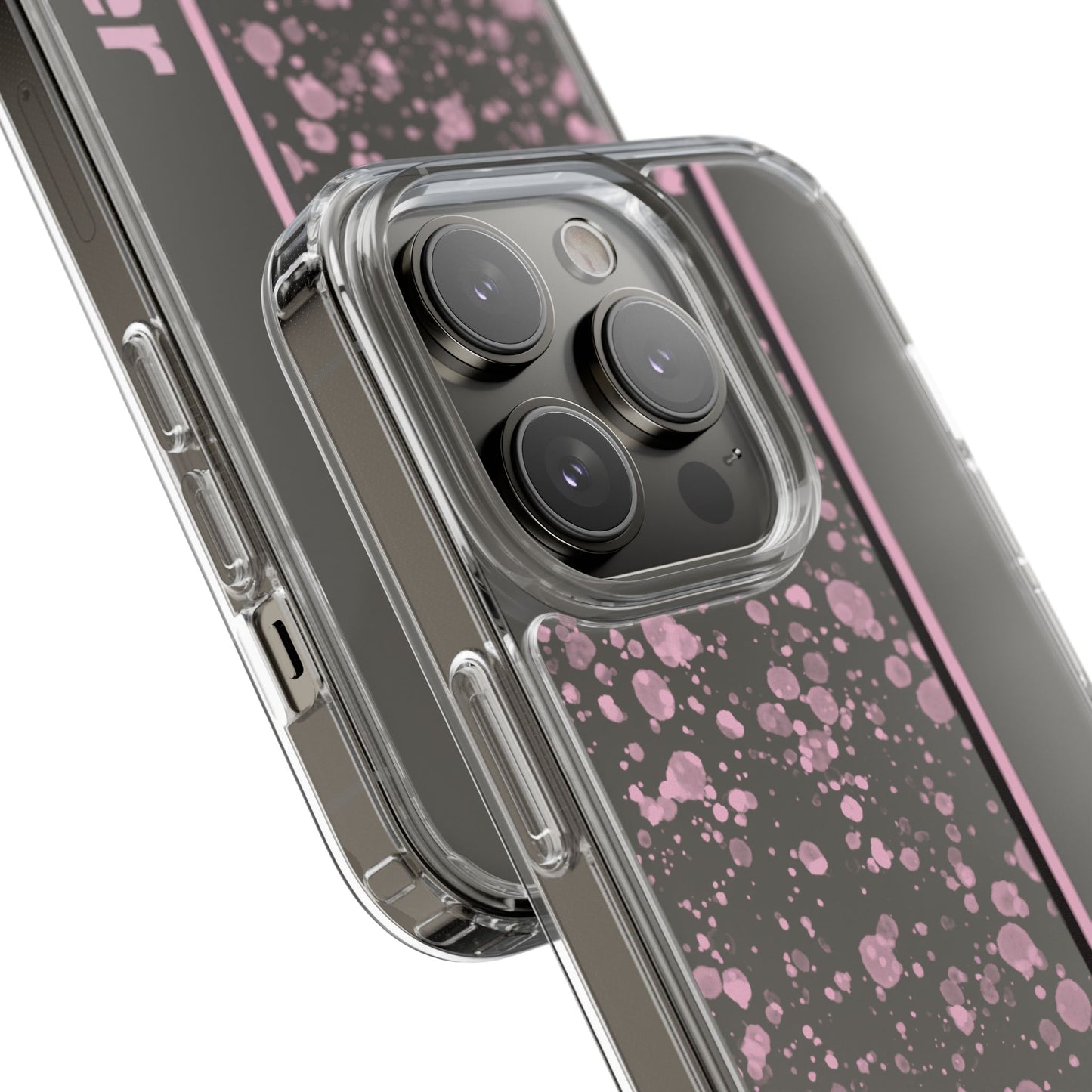 Personalized Clear Phone Case with Pink Splatter Design