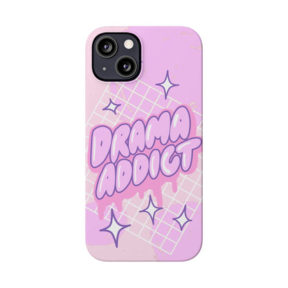 Pink iPhone Case with Modern "Drama addict" Design and Stars, Compatible with iPhone 16 Pro Max, 14, 13 and 15. Wireless charging support