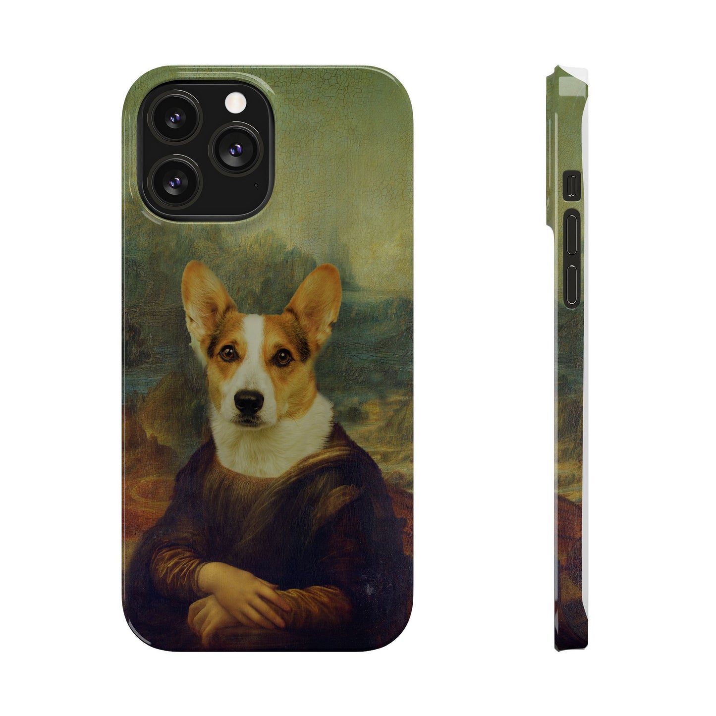 Puppy iPhone Case, Mona Lisa Parody, Wireless Charging - iPhone 16, 15, 14, 13 Pro/Max