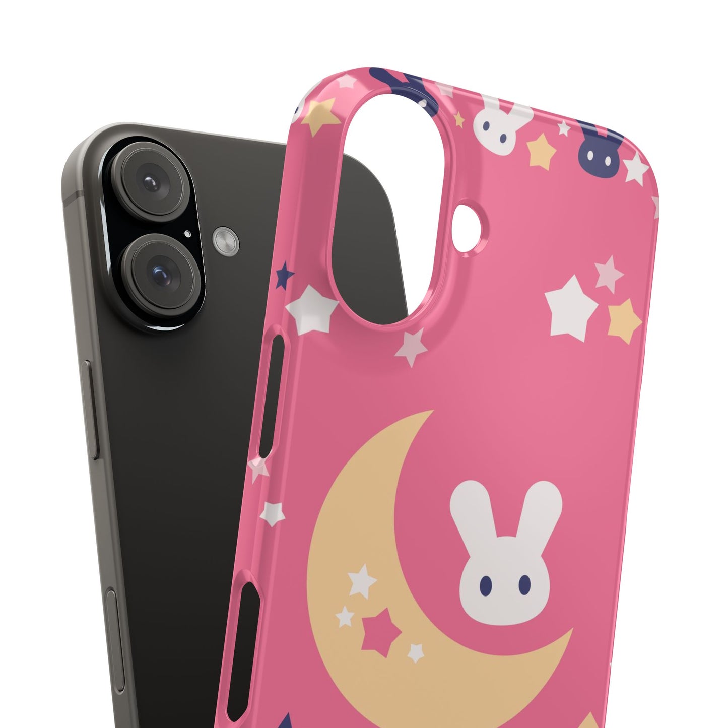 Pink iPhone case with adorable bunnies with moon - ideal for kids and bunny lovers. Iphone 15 case, iphone 14 and iphone 13 pro max mini