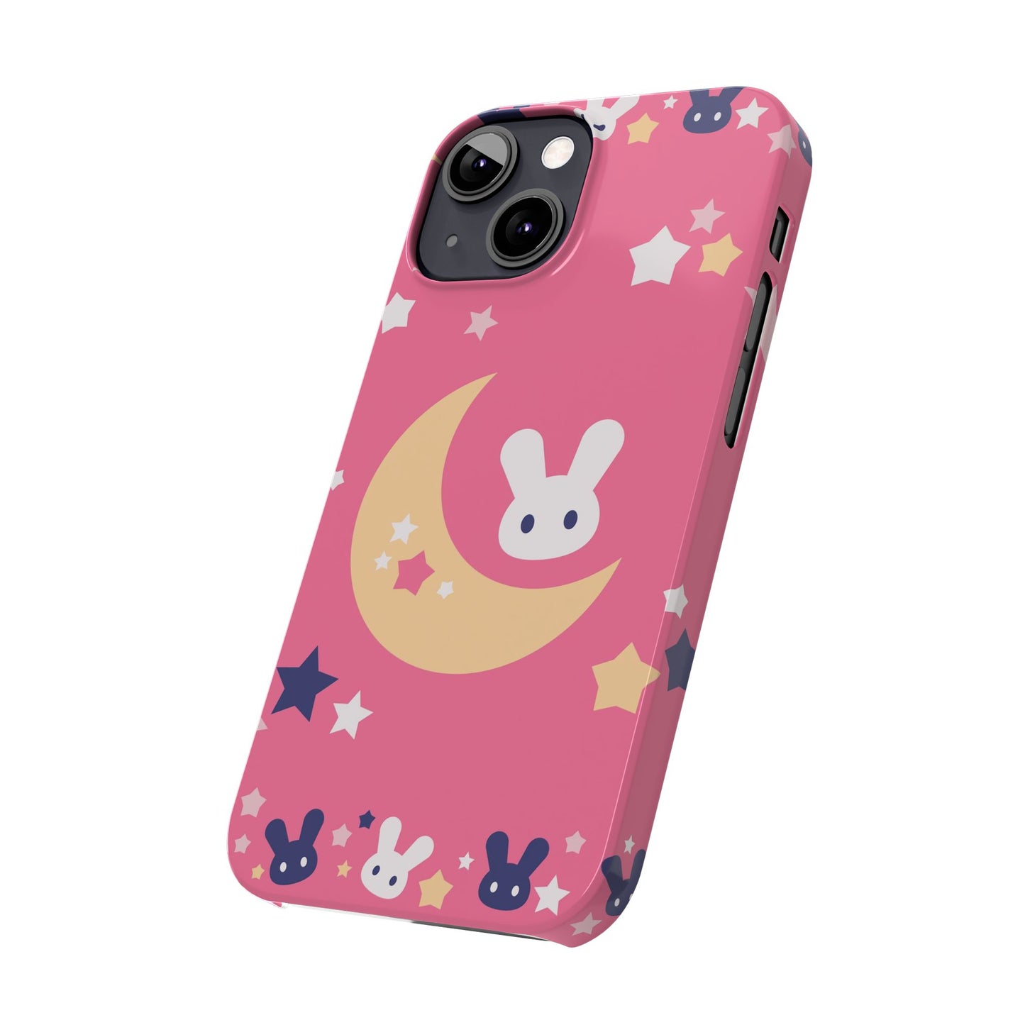 Pink iPhone case with adorable bunnies with moon - ideal for kids and bunny lovers. Iphone 15 case, iphone 14 and iphone 13 pro max mini