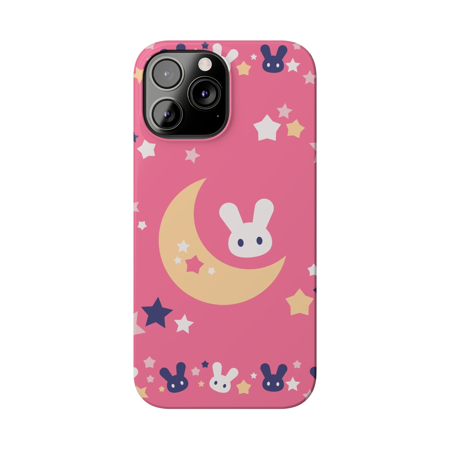 Pink iPhone case with adorable bunnies with moon - ideal for kids and bunny lovers. Iphone 15 case, iphone 14 and iphone 13 pro max mini