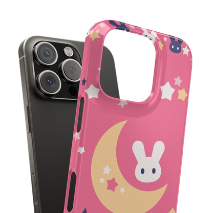 Pink iPhone case with adorable bunnies with moon - ideal for kids and bunny lovers. Iphone 15 case, iphone 14 and iphone 13 pro max mini