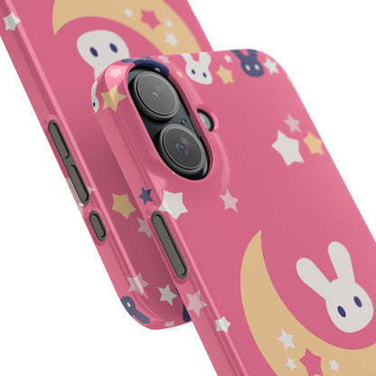 Pink iPhone case with adorable bunnies with moon - ideal for kids and bunny lovers. Iphone 15 case, iphone 14 and iphone 13 pro max mini