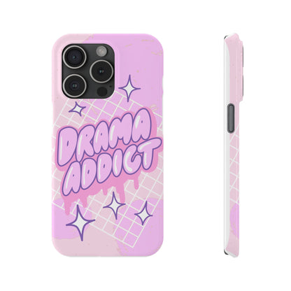 Pink iPhone Case with Modern "Drama addict" Design and Stars, Compatible with iPhone 16 Pro Max, 14, 13 and 15. Wireless charging support